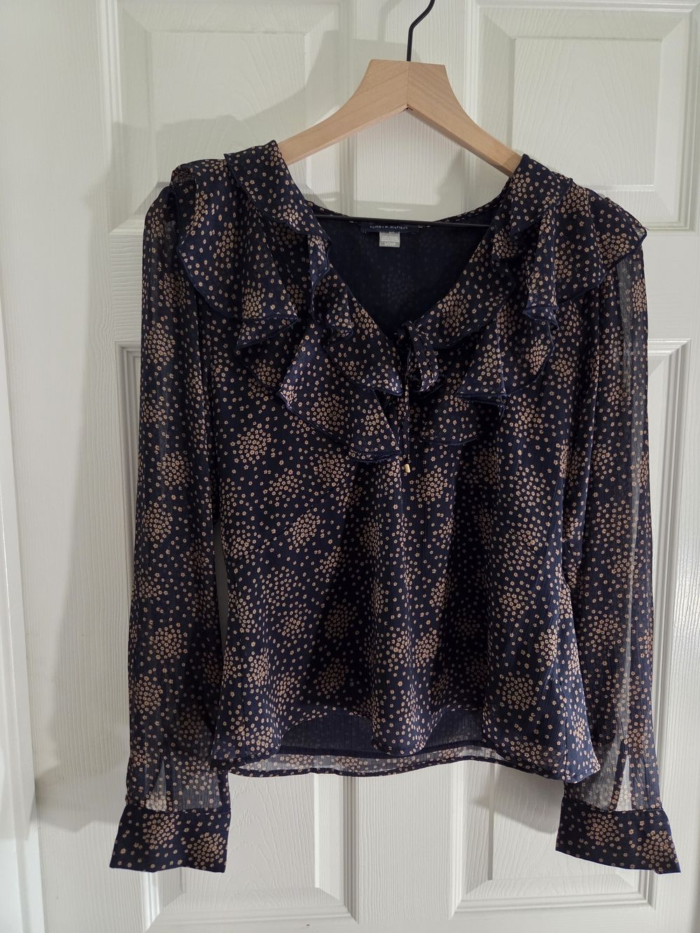 Tommy Hilfiger Navy Blouse with Tan Dot Ruffle Collar